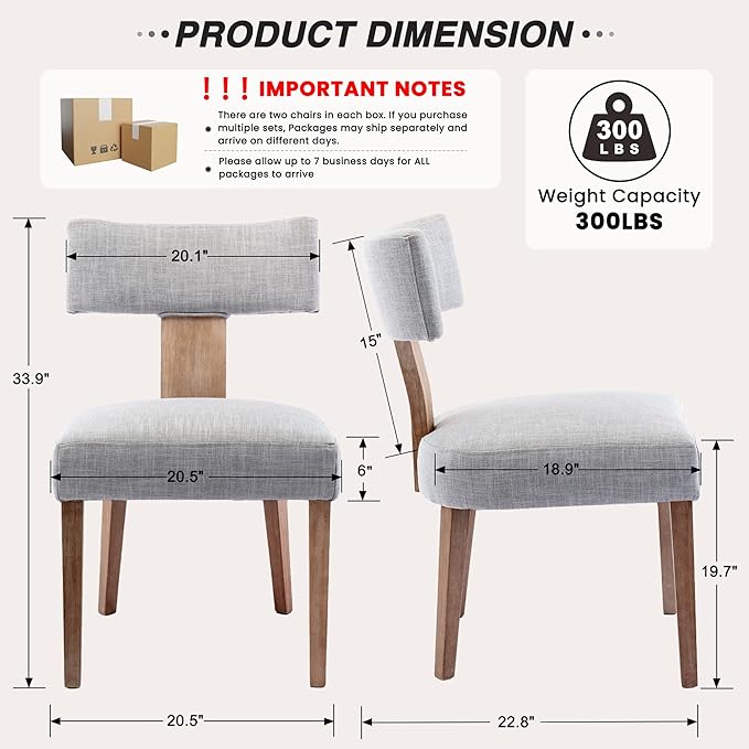 HNY Set of 4 Mid Century Modern Dining Chairs, Farmhouse Linen Fabric Upholst...