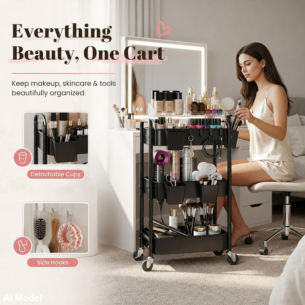 3 Tier Rolling Cart Metal with Wheels,Black Three Tiered Dorm Storage Carts