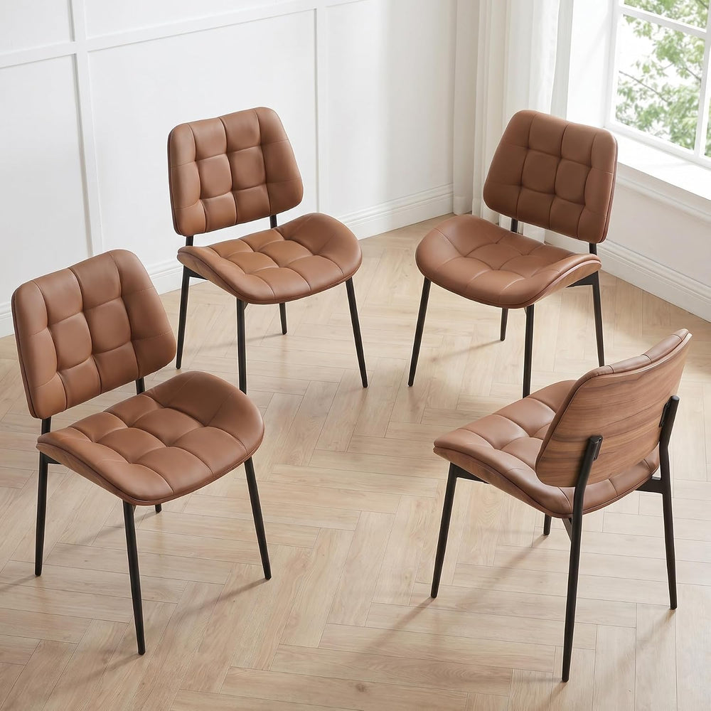 Mid Century Modern Dining Chairs Set of 4, Brown | Faux Leather Upholstery, W...