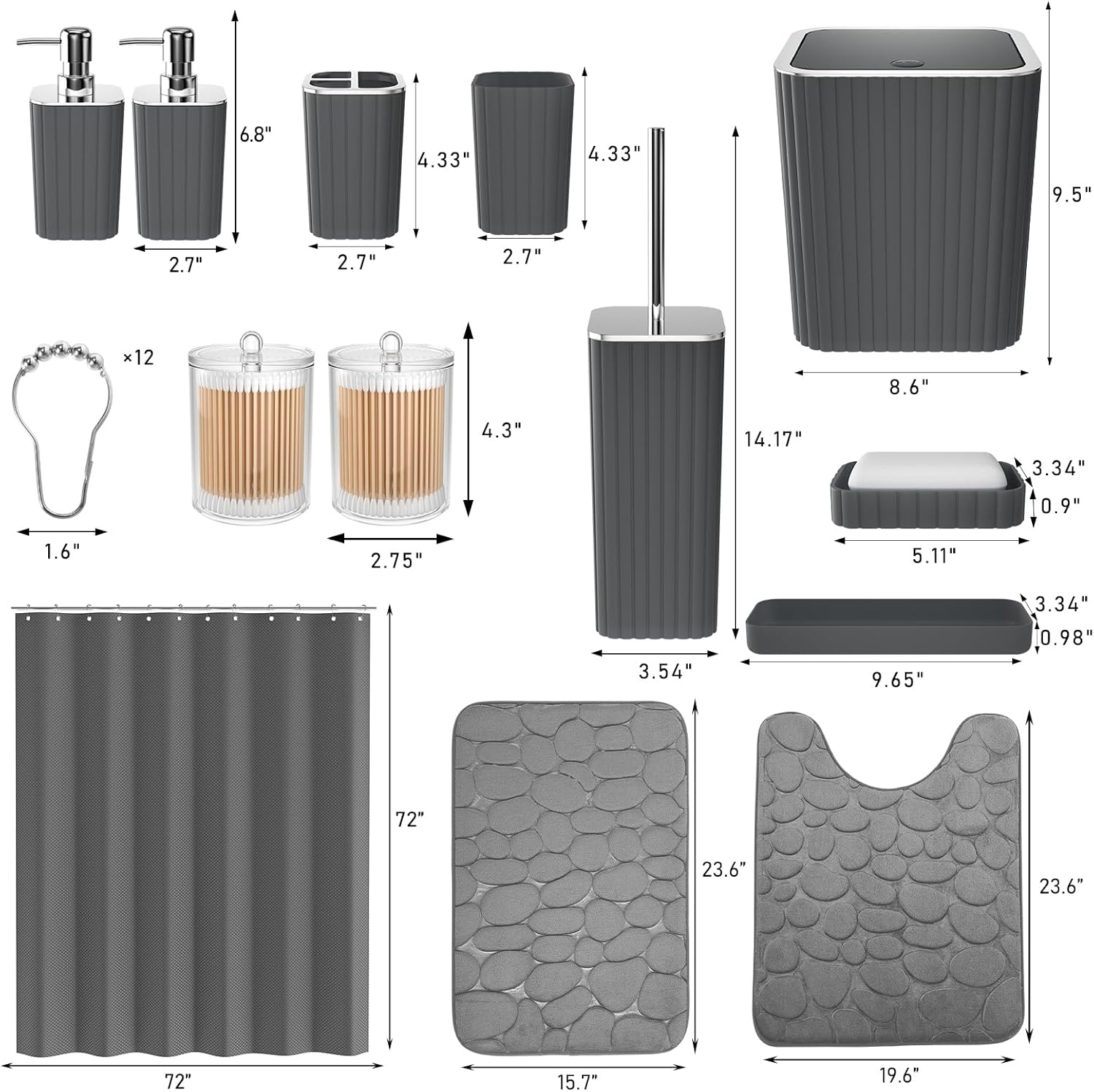 Bathroom Accessories Set- 25PC Grey Bathroom Set, Bathroom Set with Shower Curtain and Rugs, Shower Curtain Set, Toilet Brush, Trash Can, Qtip Holder Dispenser & Soap Dispenser