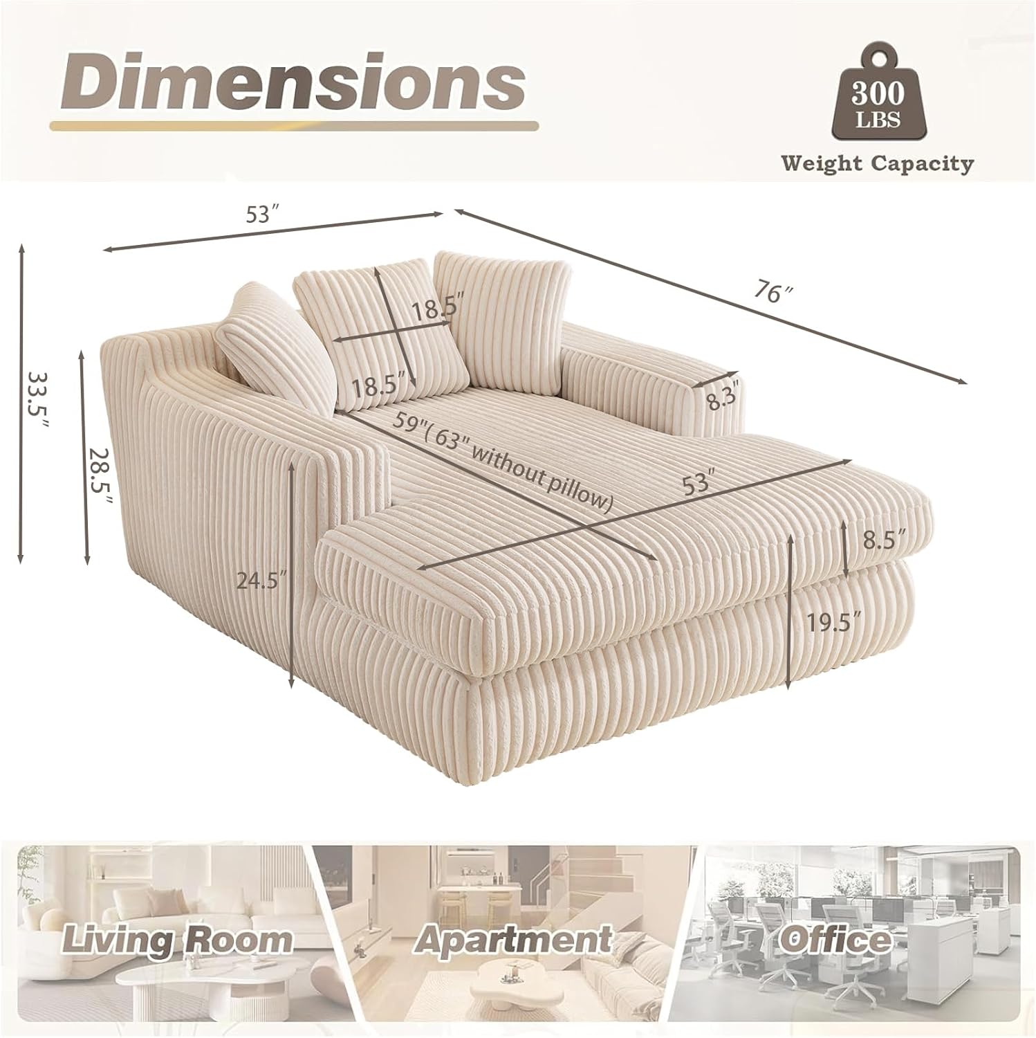 Antetek Oversized Chaise Longue Chair Indoor, Modern 53-inch Upholstered Corduroy Deep Seat Single Cloud Lounge Floor Sofa Couch for Living Room, Bedroom Apartment, Beige