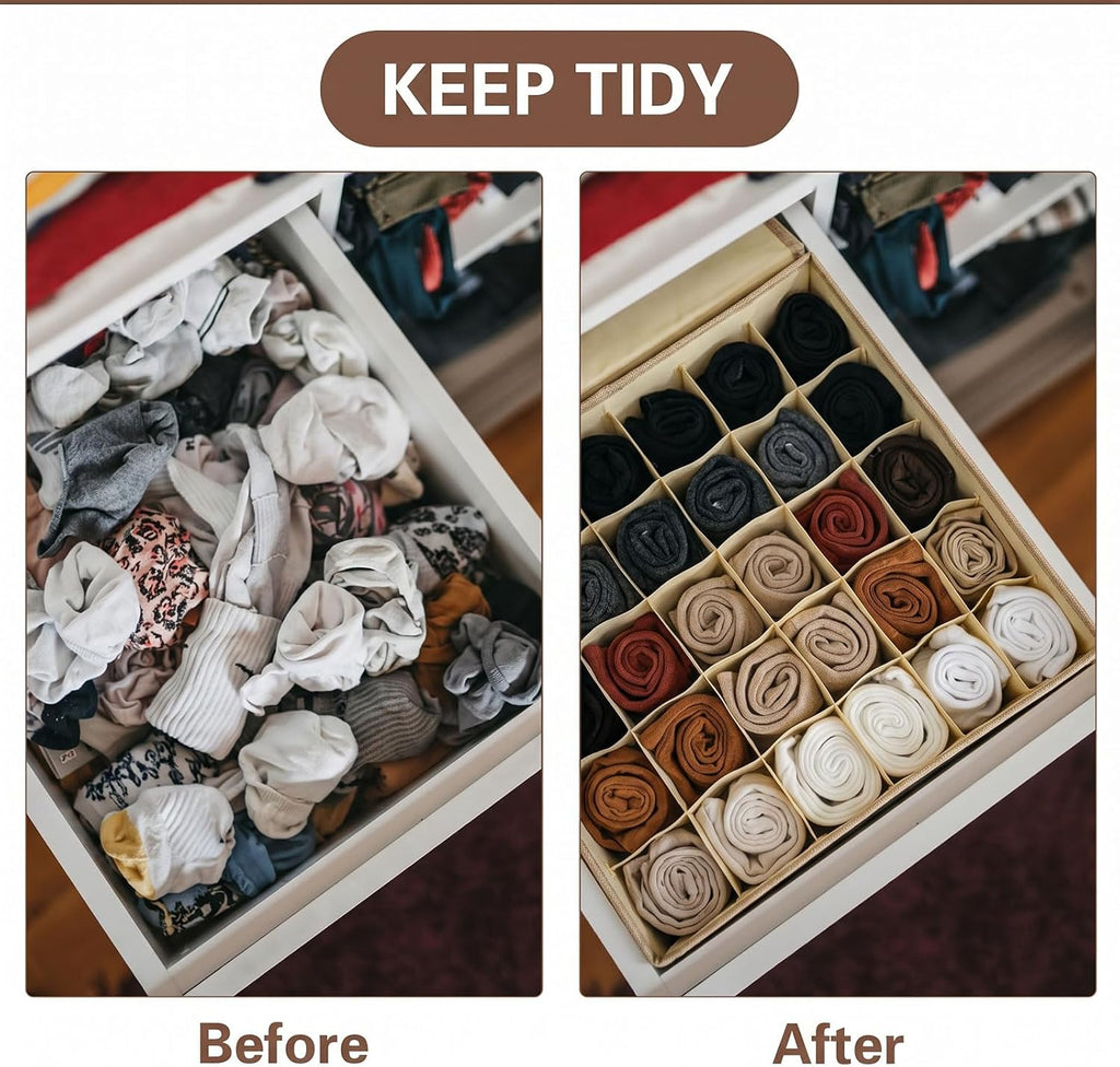 Beige Sock Organizer Divider 2 Pack with Lid - 30 Cell Foldable Closet Storage, Tie Organizer For Men Boxes for Socks, Ties, Belts