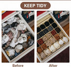 Beige Sock Organizer Divider 2 Pack with Lid - 30 Cell Foldable Closet Storage, Tie Organizer For Men Boxes for Socks, Ties, Belts