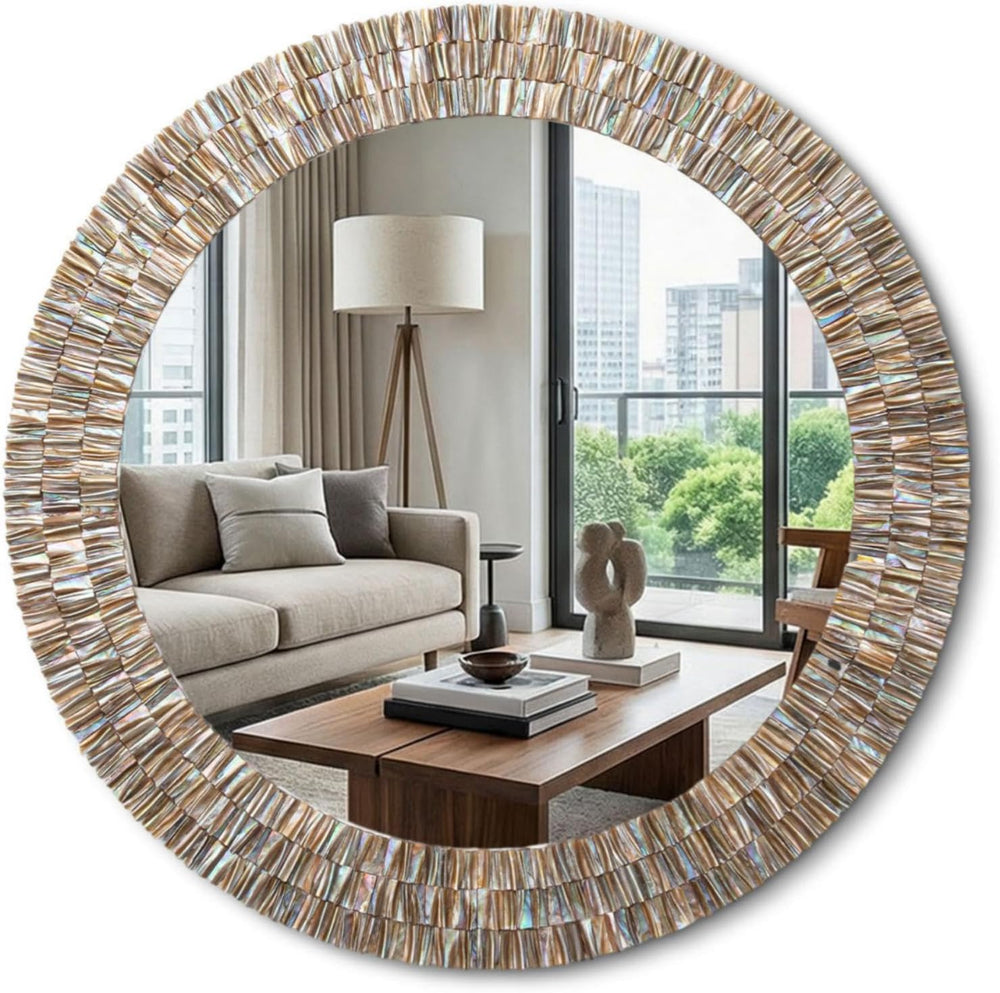 Sintuff Large 24 Inch Round Capiz Shell Mirror Coastal Seashell Wall Decor