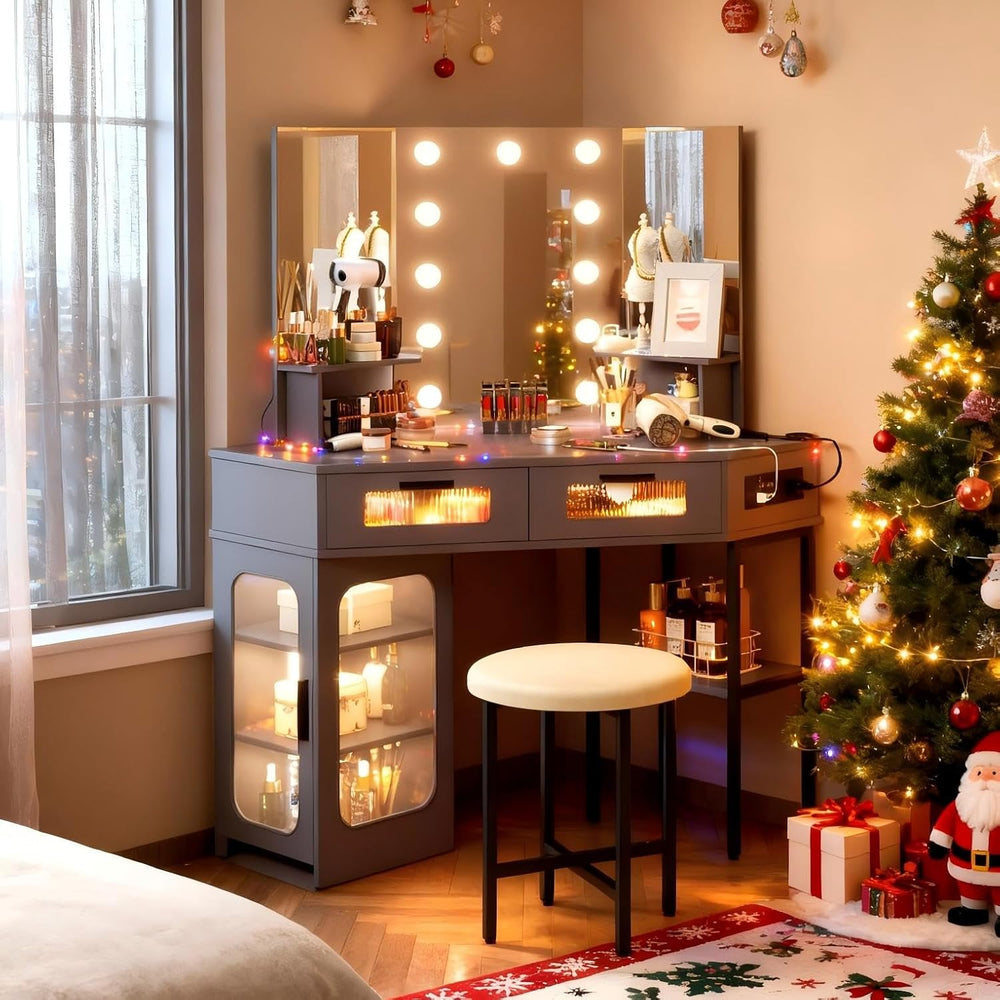 Lareth 45.5" Large Corner Vanity Desk with 3 Way Mirror and Lights | Mod...