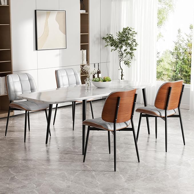 Dining Chairs Set of 8, Mid Century Modern Dining Room Chair, Upholstered Faux Leather Kitchen Chairs with Thick Cushion and Walnut Bentwood Back for Kitchen Dining Room, Grey