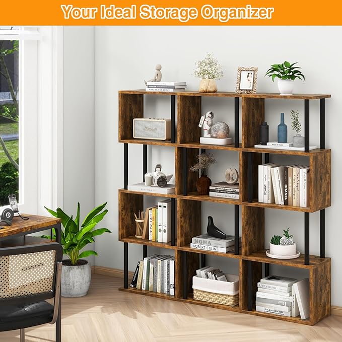 IBUYKE 5-Tier Tall Bookshelf,S-Shaped Geometric Bookcase, Wood Display Shelve...