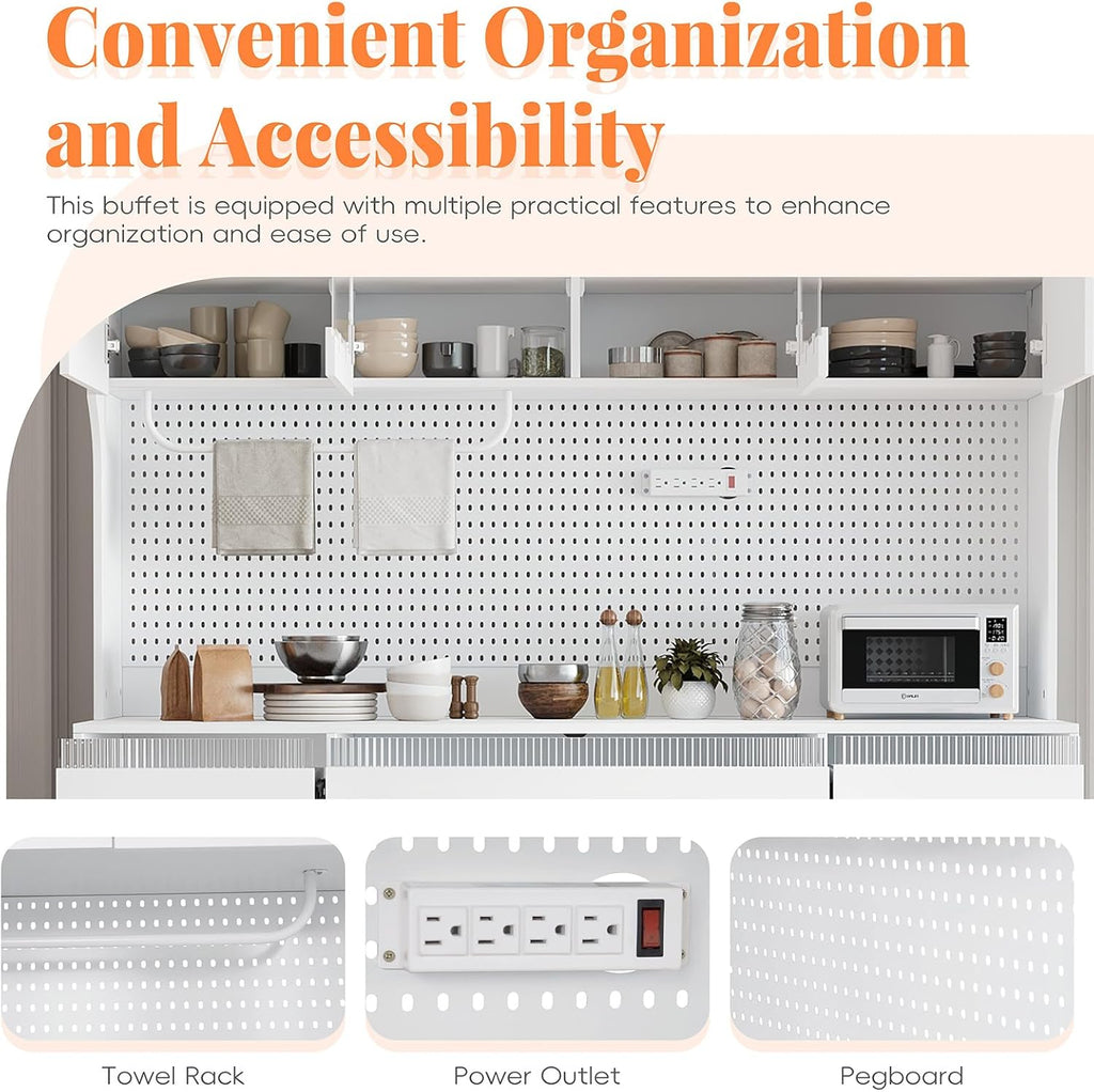 75" Pantry Cabinet, Wooden Cupboard with Power Outlet and 6 Storage Drawers, Large Kitchen Hutch Cabinet W/Countertop and Adjustable Shelves for Home Dining, 5 Cabinets/Pegboard/Towel Rack (White)
