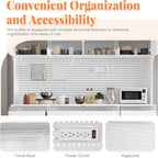 75" Pantry Cabinet, Wooden Cupboard with Power Outlet and 6 Storage Drawers, Large Kitchen Hutch Cabinet W/Countertop and Adjustable Shelves for Home Dining, 5 Cabinets/Pegboard/Towel Rack (White)