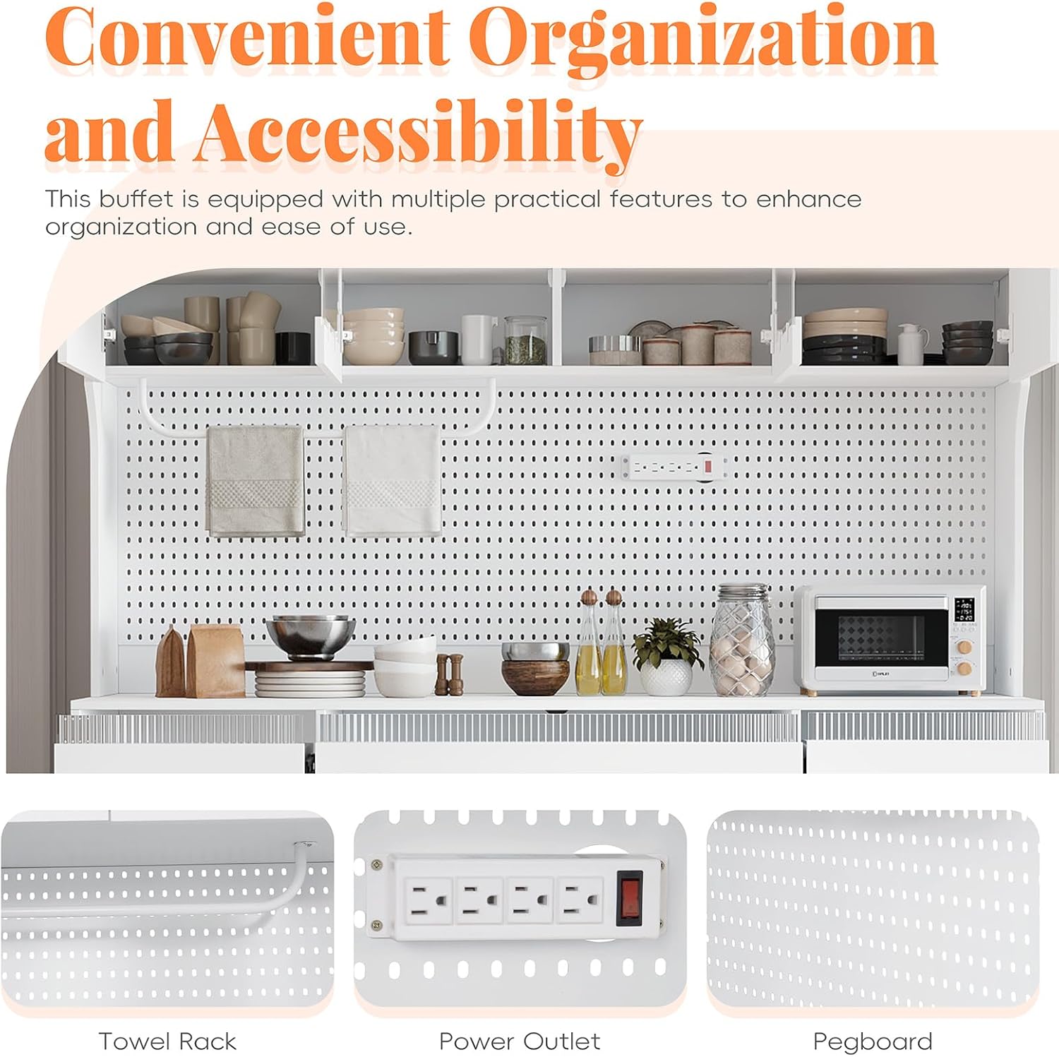 75" Pantry Cabinet, Wooden Cupboard with Power Outlet and 6 Storage Drawers, Large Kitchen Hutch Cabinet W/Countertop and Adjustable Shelves for Home Dining, 5 Cabinets/Pegboard/Towel Rack (White)