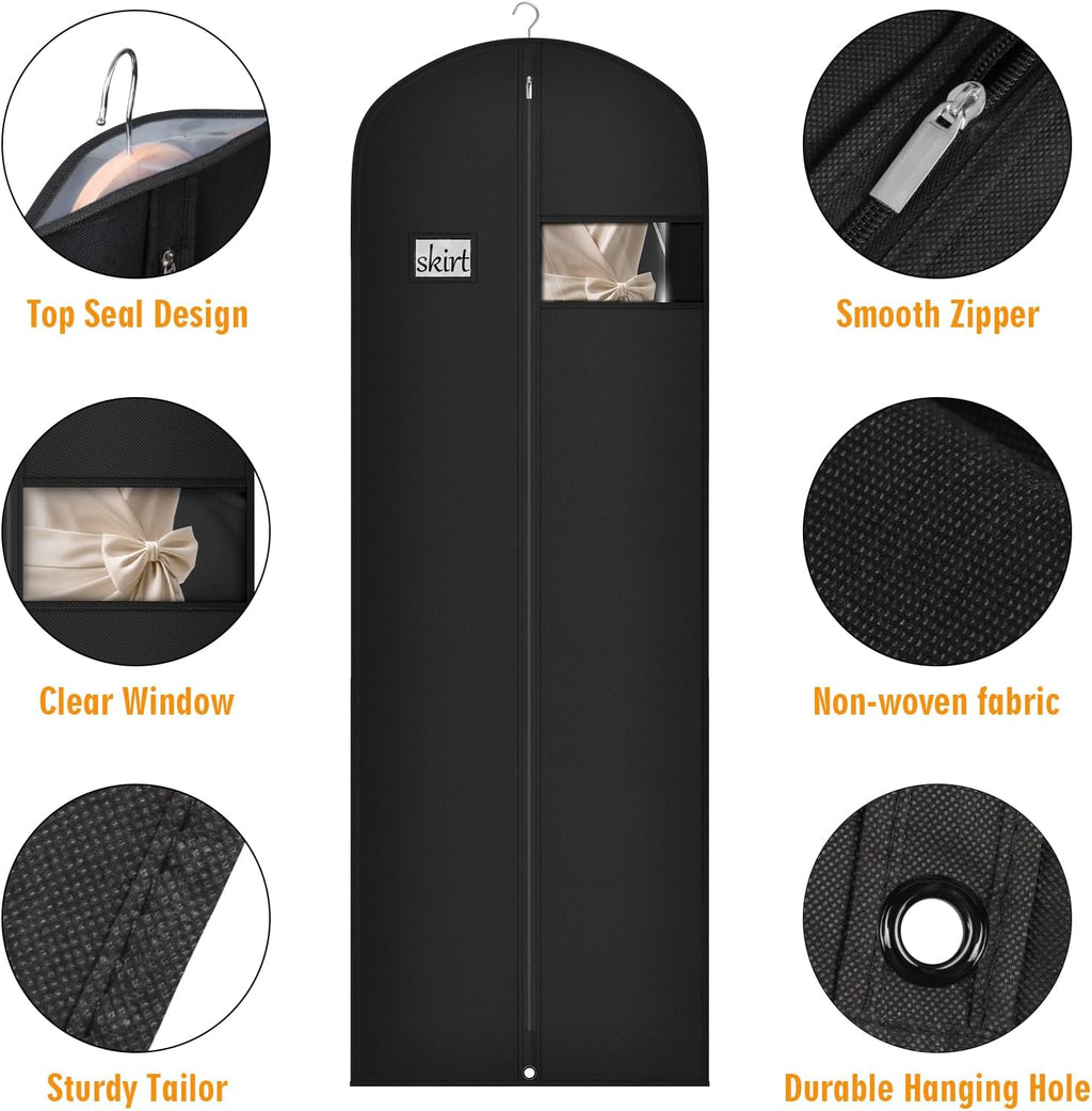 Syeeiex 72 Inch Dress Bags for Gowns, Dress Garment Bag, Set of 3, Black | Breathable Suit Bag, Dustproof Hanging Garment Bag, Clear Window and ID Card Holder for Fur Coat and Long Dress Gown