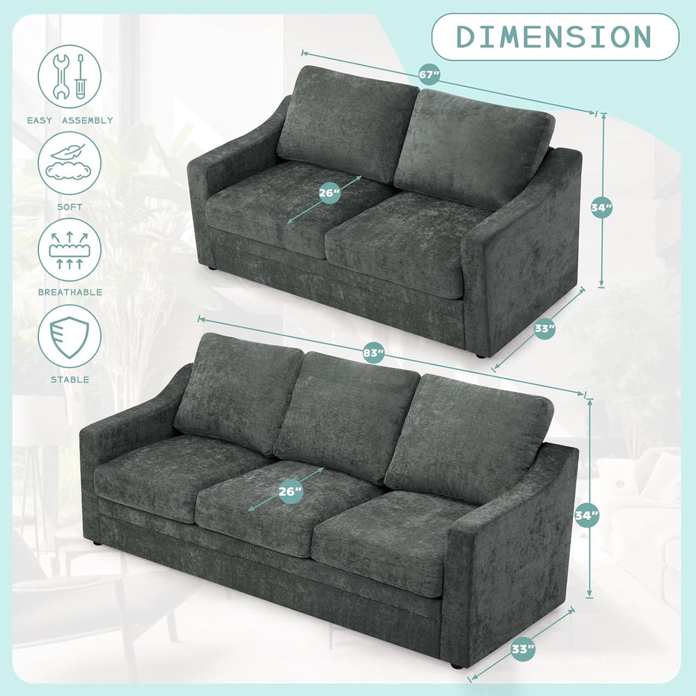 2 Pieces Chenille Sofa Set w/Soft Back Cushion, Grey | Modern 2 Seat & 3 ...