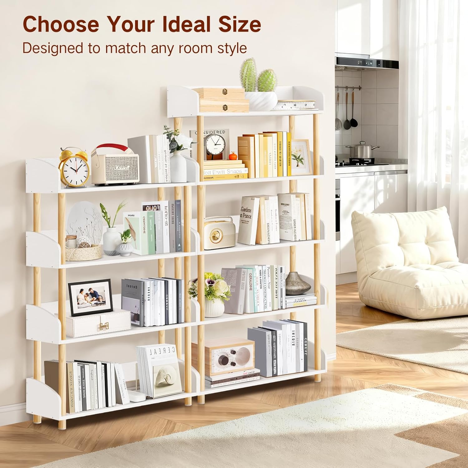 5-Tier Wooden Bookshelf, Modern Open Bookcase with Solid Wood Frame and Top Edge, Sturdy Freestanding Storage Organizer for Living Room, Bedroom, Home Office (White)