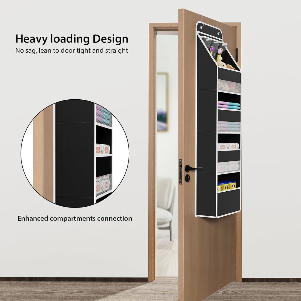 Univivi 5-Shelf Fabric Door Storage Over Door Hanging Organizer with 4 Large Pockets and 3 Small PVC Pockets Nursery Closet Cabinet Wall Mount Hanging Storage Organizers for Baby Nursery (Black)