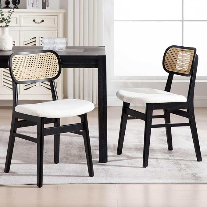 Black Rattan Dining Chairs Set of 2 Lambswool Dining Room Chairs Natural Wooden Kitchen Chairs Farmhouse Boho