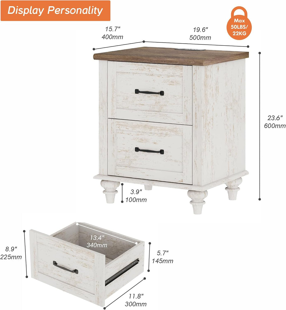 WAMPAT Nightstand Side Table with Charging Station, Antique White End Table w...