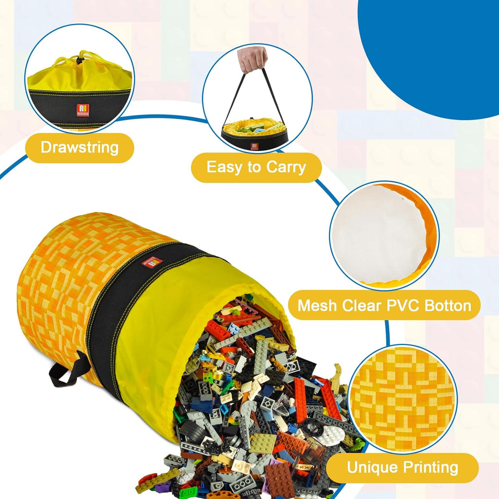 Toy Storage Organizer Basket Bag with Drawstring for Buliding Bricks, Blockets,Puzzles,Lego,Playroom Cinch Bucket Carrying Bag with Handle (Yellow)