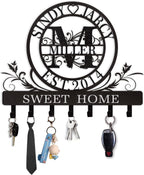 Personalized Key Holder for Wall, Custom Family Name Metal Wall Key Hanger, Key Hooks with Monogram Design, Key Rack Holder Wall Mount for Living Room Bedroom, Anniversary Couple Gift