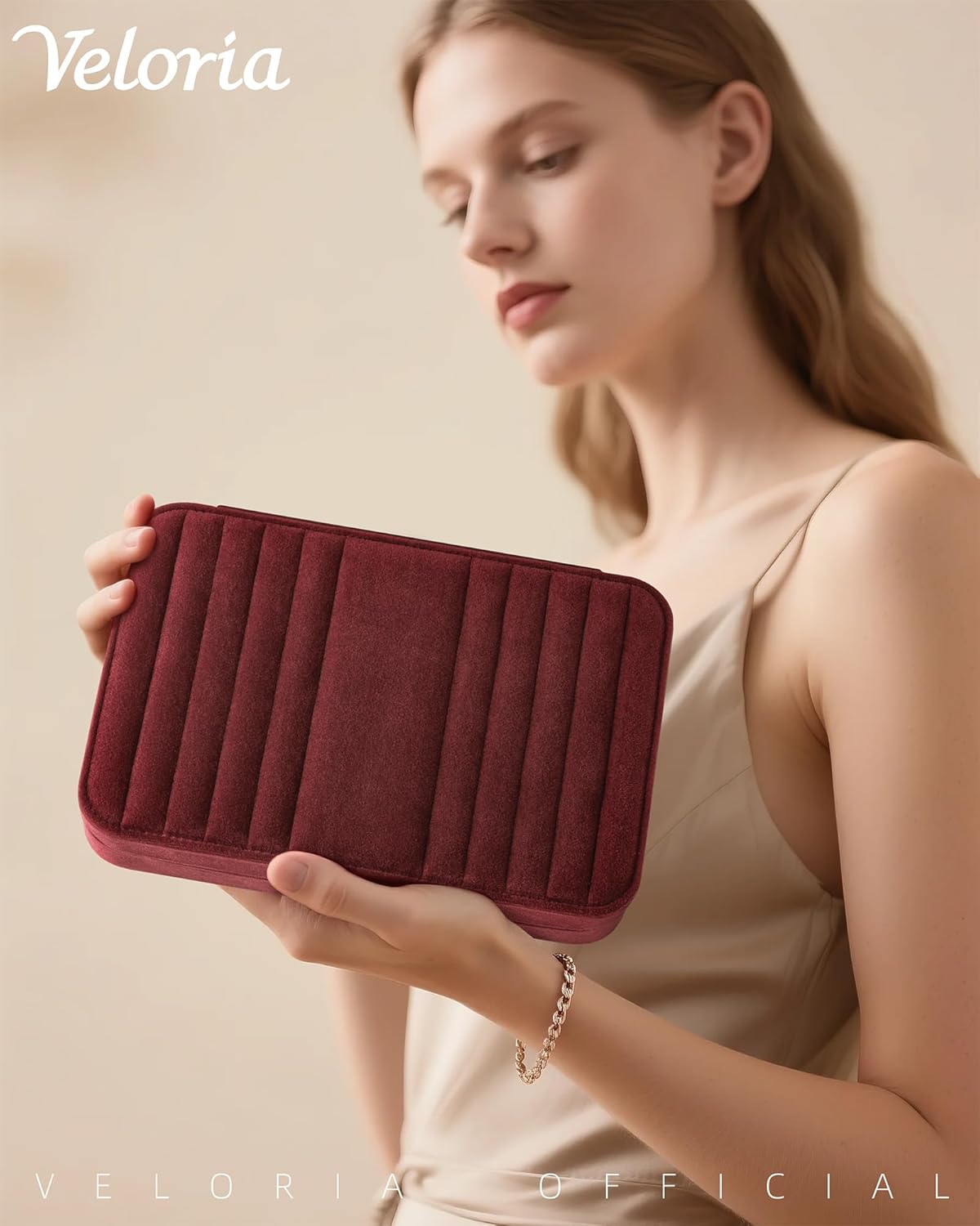 VELORIA Jewelry Box, Premium Velvet Travel Jewelry Organizers And Storage, Dust-Proof, Scratch-Resistant Jewelry Case for Necklaces Bracelets Bangle, Portable Luxury Gift for Women & Girls (Dark Red)