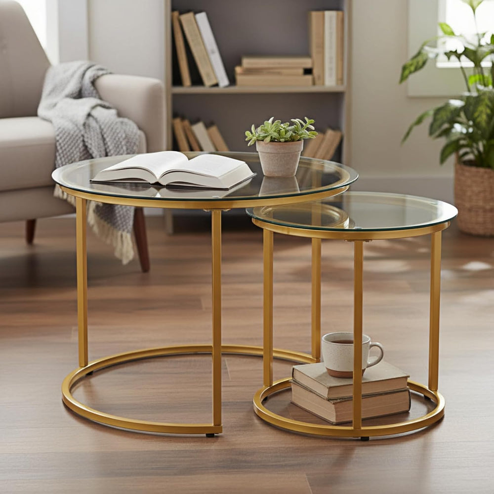 Round Nesting Coffee Table Set of 2, Glass Stacking Minimalist End Table | Mo...