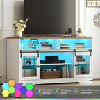 HOOBRO TV Stand for 65 Inch TV, Farmhouse Entertainment Center with LED Lights and Charging Station, Media Console TV Cabinet with Adjustable Shelves and Glass Doors for Living Room, White and Walnut