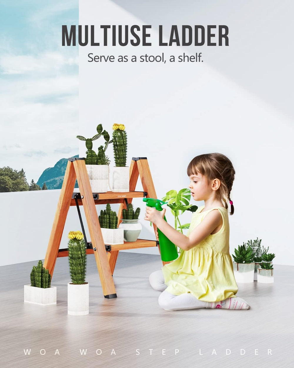 WOA WOA 2 Step Ladder, Foldable Step Stool, 300lbs Load, Wood Grain
