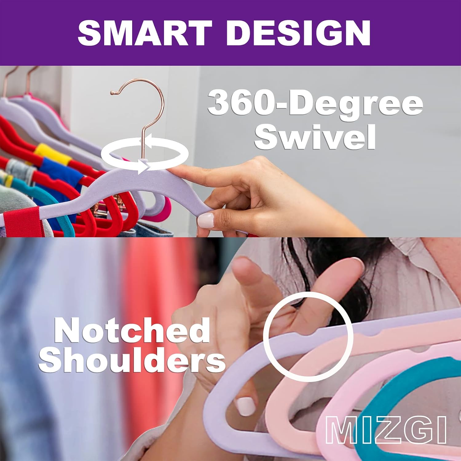 MIZGI Premium Velvet Hangers (50 Pack) Heavy Duty Non Slip Felt Hangers Gray,Rose Gold 360 Degree Swivel Hooks,Space Saving Clothes Hanger,Durable Strong Hanger for Suits,Coats,Pants & Dress