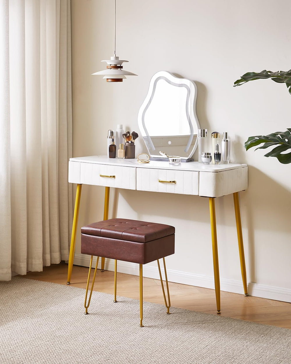 IBUYKE PU Storage Vanity Stool with Flip Tabletop, Ottoman, Brown WBD014Z | M...