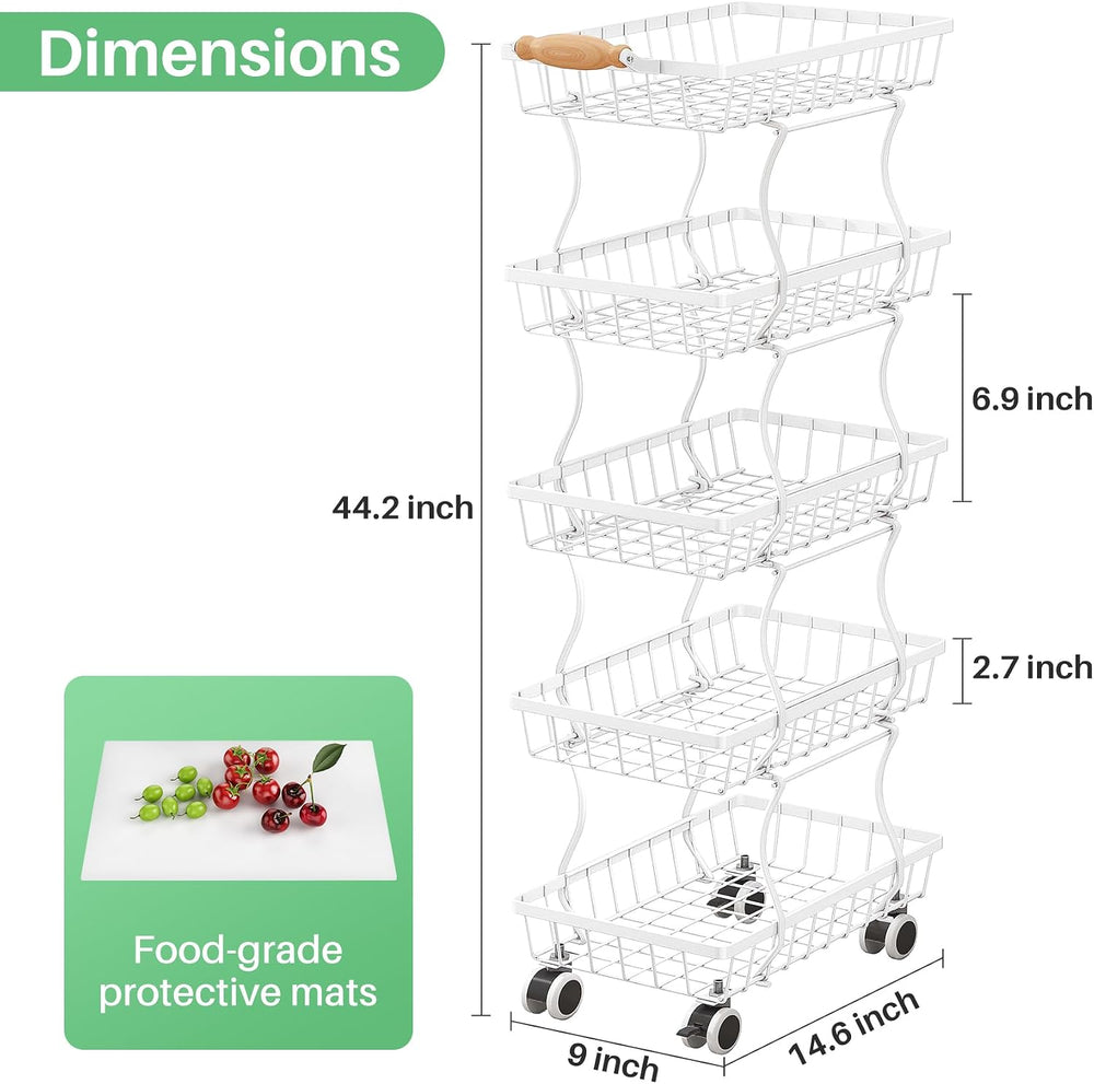 SAYZH 5-Tier Fruit Basket Stand with Vegetable Baskets for Kitchen, White | S...