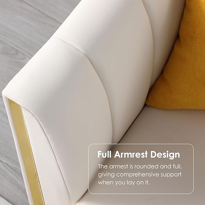 FOTOSOK White Leather Couch Sofa, Office Couches 78'' Apartment Faux Leather Sofa with 2 Throw Pillows & Gold Metal Legs, Waterproof 3 Seater Couches for Small Living Room, Luxury Cloud Sofa
