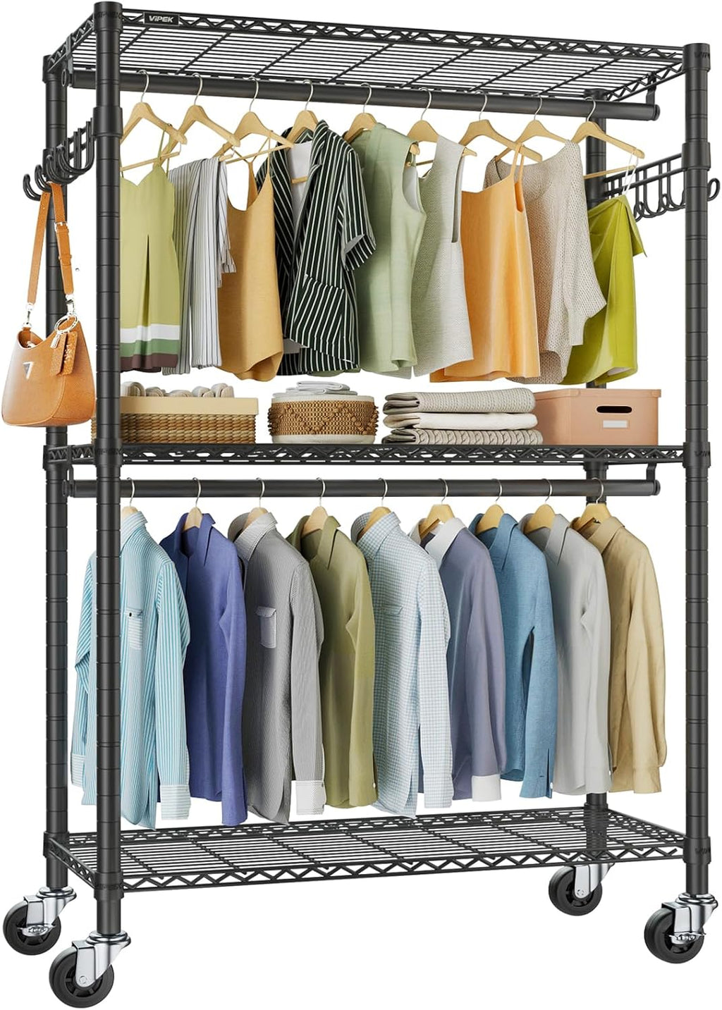 VIPEK R2 Plus Heavy Duty Rolling Garment Rack 3 Tiers Adjustable Wire Shelving Clothes Rack with Double Rods and Side Hooks, Freestanding Wardrobe Storage Rack Metal Clothing Rack, Black