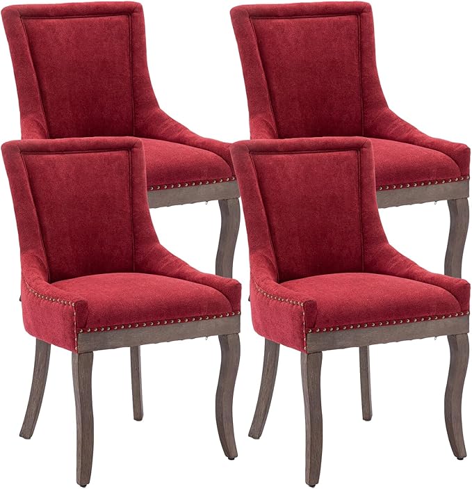 Modern Dining Chairs Set of 4, High Back Dining Chairs Side Chairs with Solid Wood Legs, Upholstered Fabric Dining Room Chairs for Dining Room Kitchen, Burgundy Red