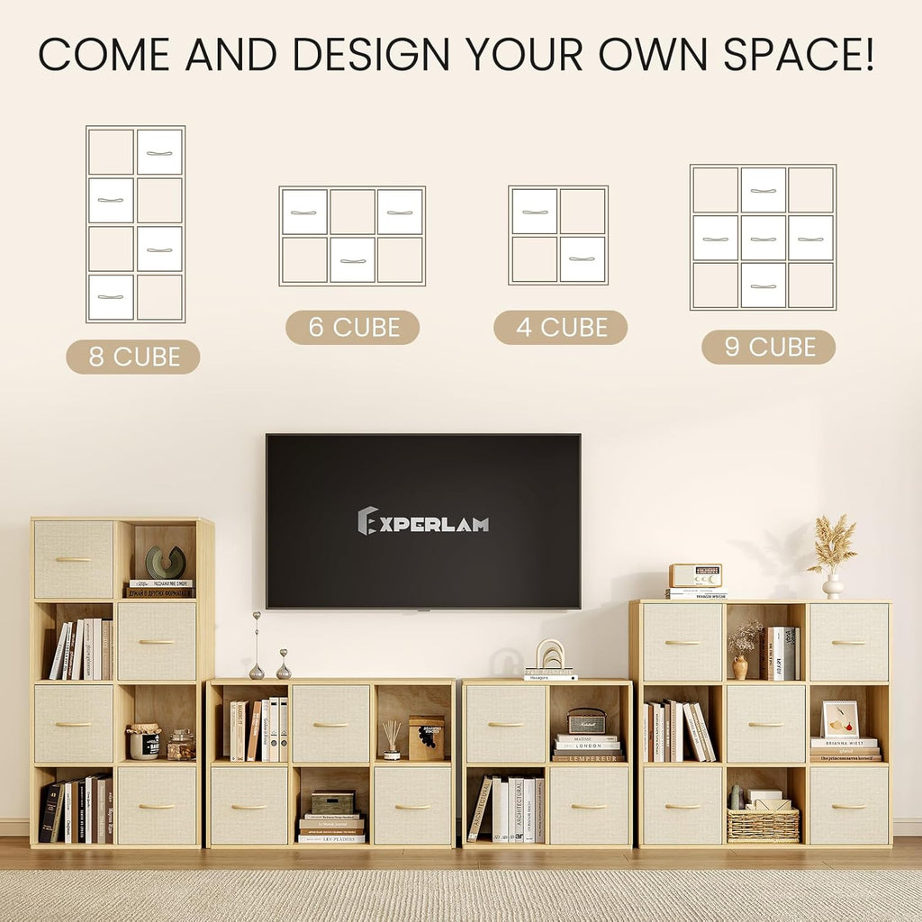EXPERLAM 6 Cube Storage Organizer - Solid Wood Bookshelf with 3 Storage Bins, Cube Shelf with 2 Removable Back Panels, Vertical or Horizontal Bookcase, Open Book Shelf for Bedroom, Living Room, Office