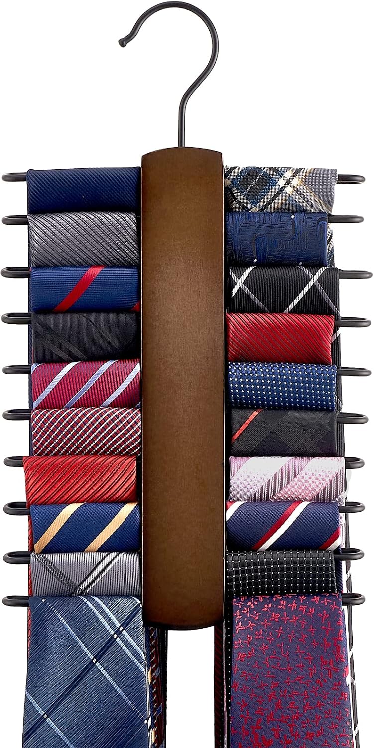 Mkono Wooden Tie Rack Retro Tie Belt Storage Hanger Organizer for Men Closet Space Saving Rack with 20 Non-Slip Hooks for Ties Belt Scarf Organize 360 Rotate Hanger Tie Display Holder, 1 Piece, Brown