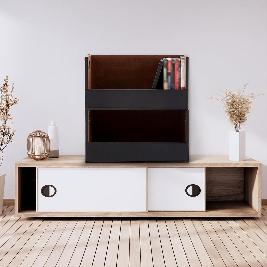 CroBlissful 2 Set Leather Dvd Storage Box Stackability Dvd Storage Shelf Holder Racks Cassette Tape Display Stand with Carrying Handles for Movie Cases Organizer Can Store up to 52 Boxes
