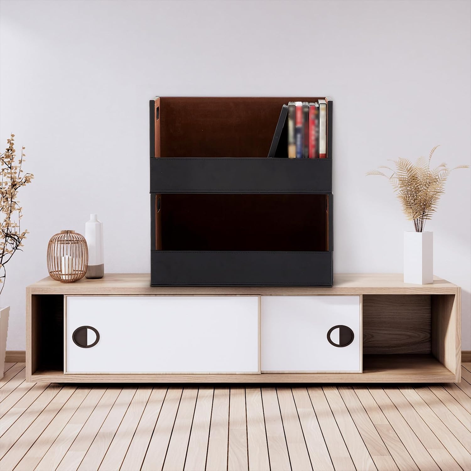 CroBlissful 2 Set Leather Dvd Storage Box Stackability Dvd Storage Shelf Holder Racks Cassette Tape Display Stand with Carrying Handles for Movie Cases Organizer Can Store up to 52 Boxes