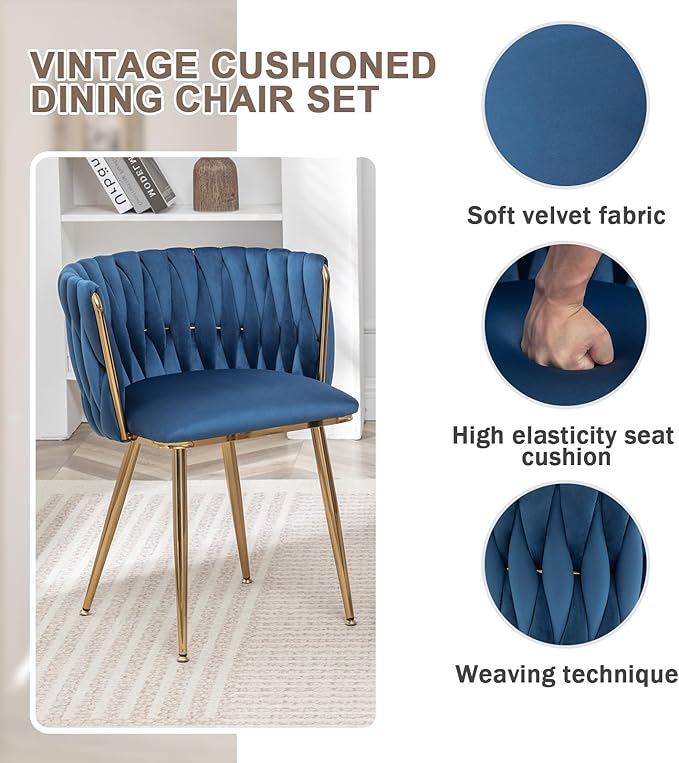 Velvet Dining Chairs Set of 4, Modern Upholstered Dining Chairs with Gold Metal Legs for Dining Room, Vanity, Kitchen, Living Room(Blue)