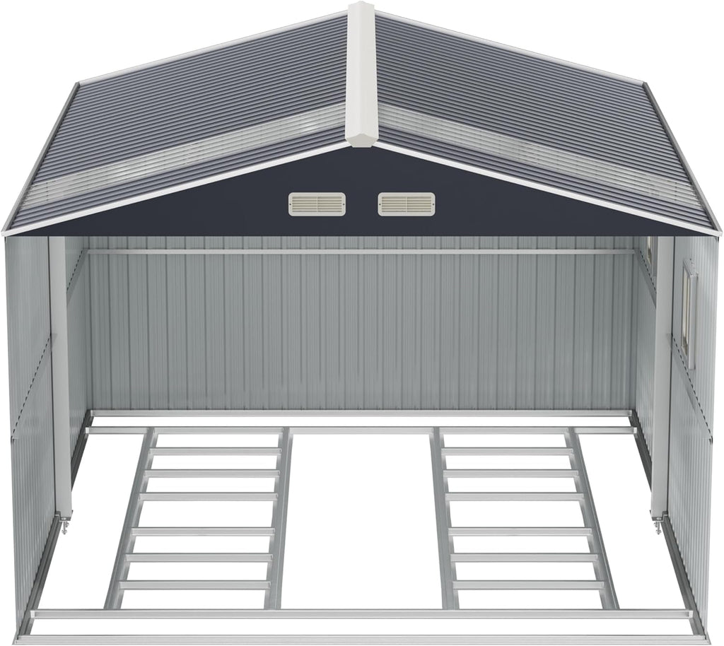 10x12 Metal Shed with Floor Frame Kit & Reinforced Construction - Translucent Roof Panels for Natural Light, Lockable Doors,Vents,Windows, Weatherproof Garden/Backyard/Patio Outdoor Storage