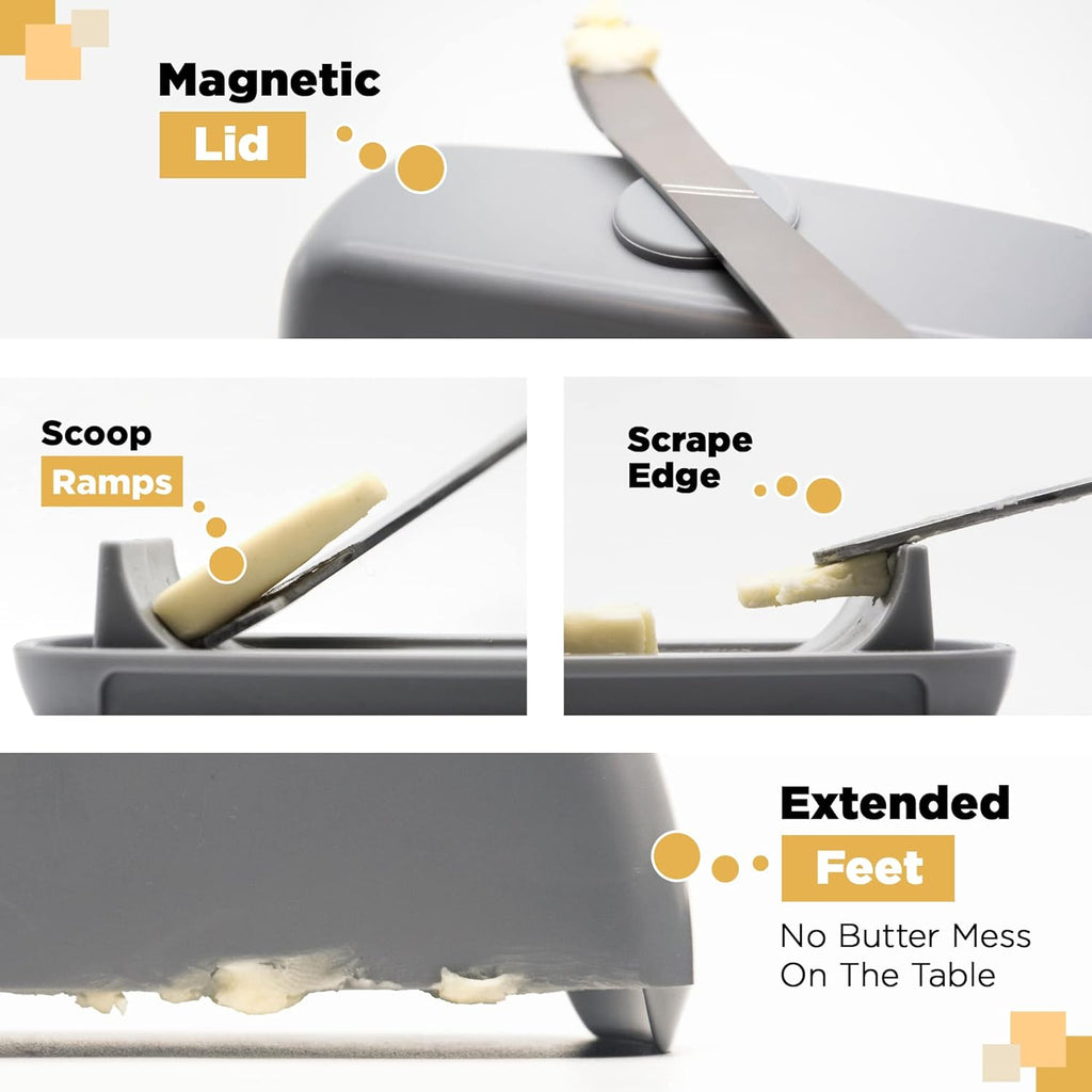 Butter Hub Extra Large Butter Dish with Lid and Knife, European Size Magnetic Butter Keeper, Easy Scoop, No Mess Lid, Plastic, Dishwasher Safe (Clear, European / 2 Sticks)