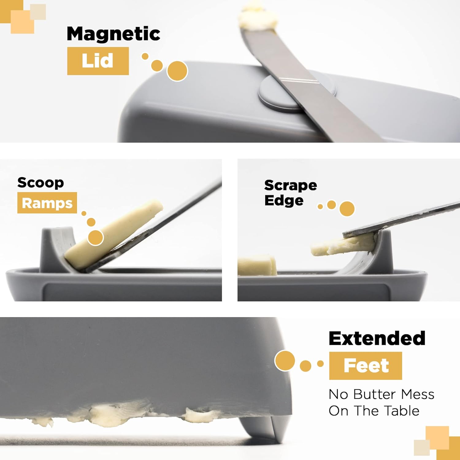 Butter Hub Extra Large Butter Dish with Lid and Knife, European Size Magnetic Butter Keeper, Easy Scoop, No Mess Lid, Plastic, Dishwasher Safe (Grey),European / 2 Sticks