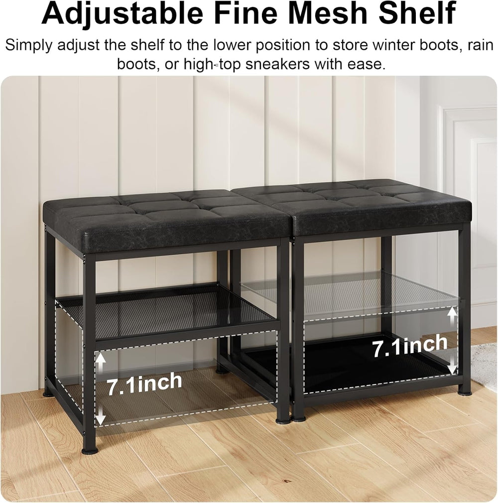 DreamDashio Set of 2 Small Shoe Storage Benches with PU Leather Cushion, 3-Ti...