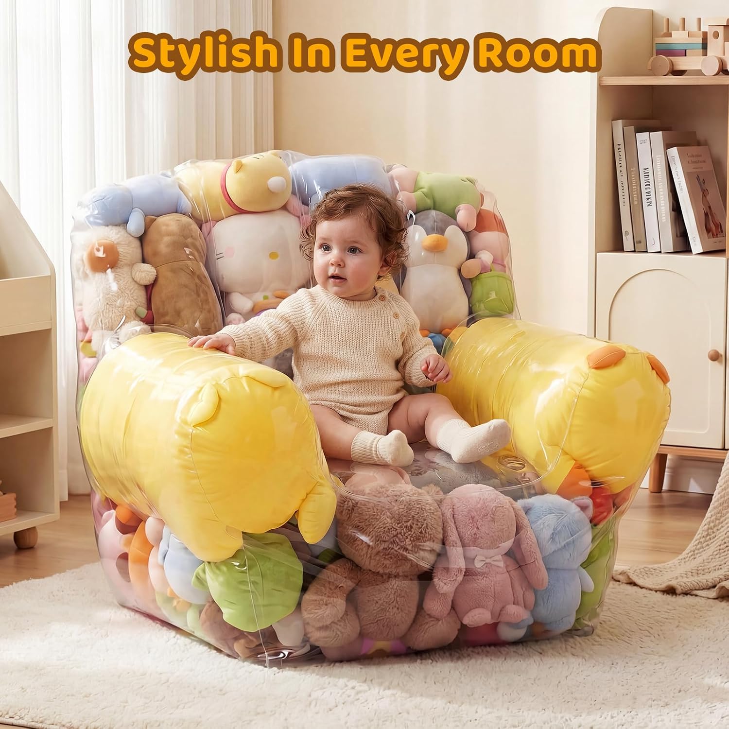 Stuffed Animal Bean Bag Storage Chair, 37.4 x 37.8 Inch Clear plushies storage, Upgraded 0.35mm PVC Waterproof Plushy Organizer, Supports 330lbs for Home Use