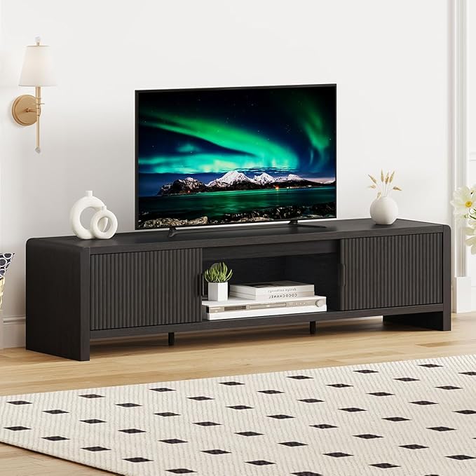 FATORRI TV Stand for 75/65/55 Inch TVs, Mid Century Modern Entertainment Center with Storage, Wooden Television Media Console Cabinet with Fluted-Door for Living Room, Bedroom (63 Inch W, Black)