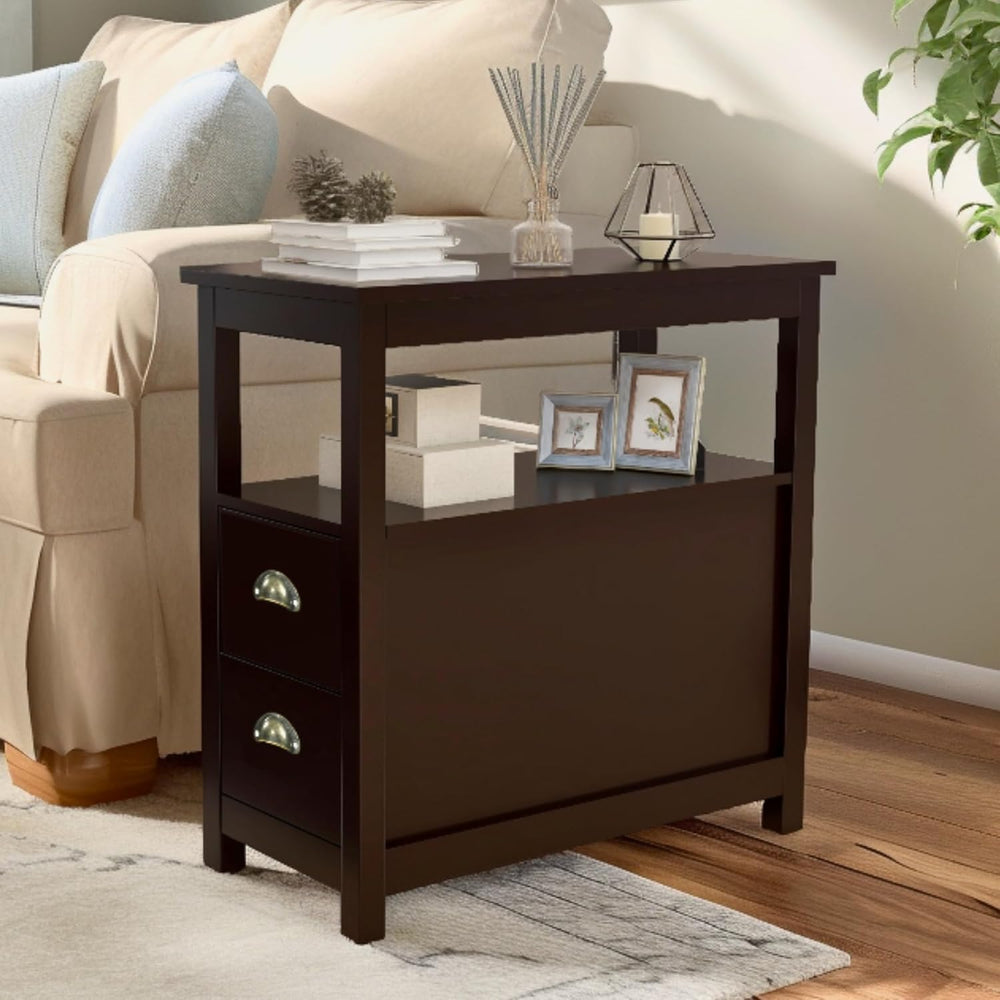 Narrow End Table with Two Drawers & Open Shelf - Brown Nightstand/Side Ta...