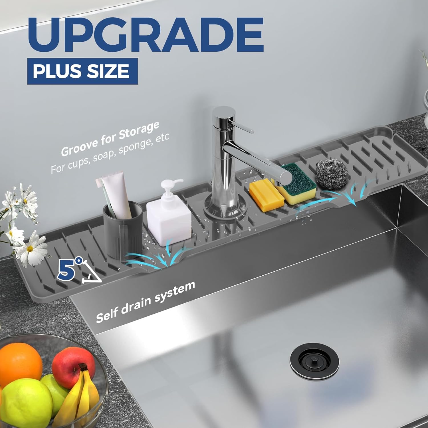 24" Splash Guard Plus Size Silicone Sink Faucet Drying Mat Handle Drip Catcher Tray Dish Sponge Holder Kitchen Accessories Protector Home Organization Gadgets Organizer