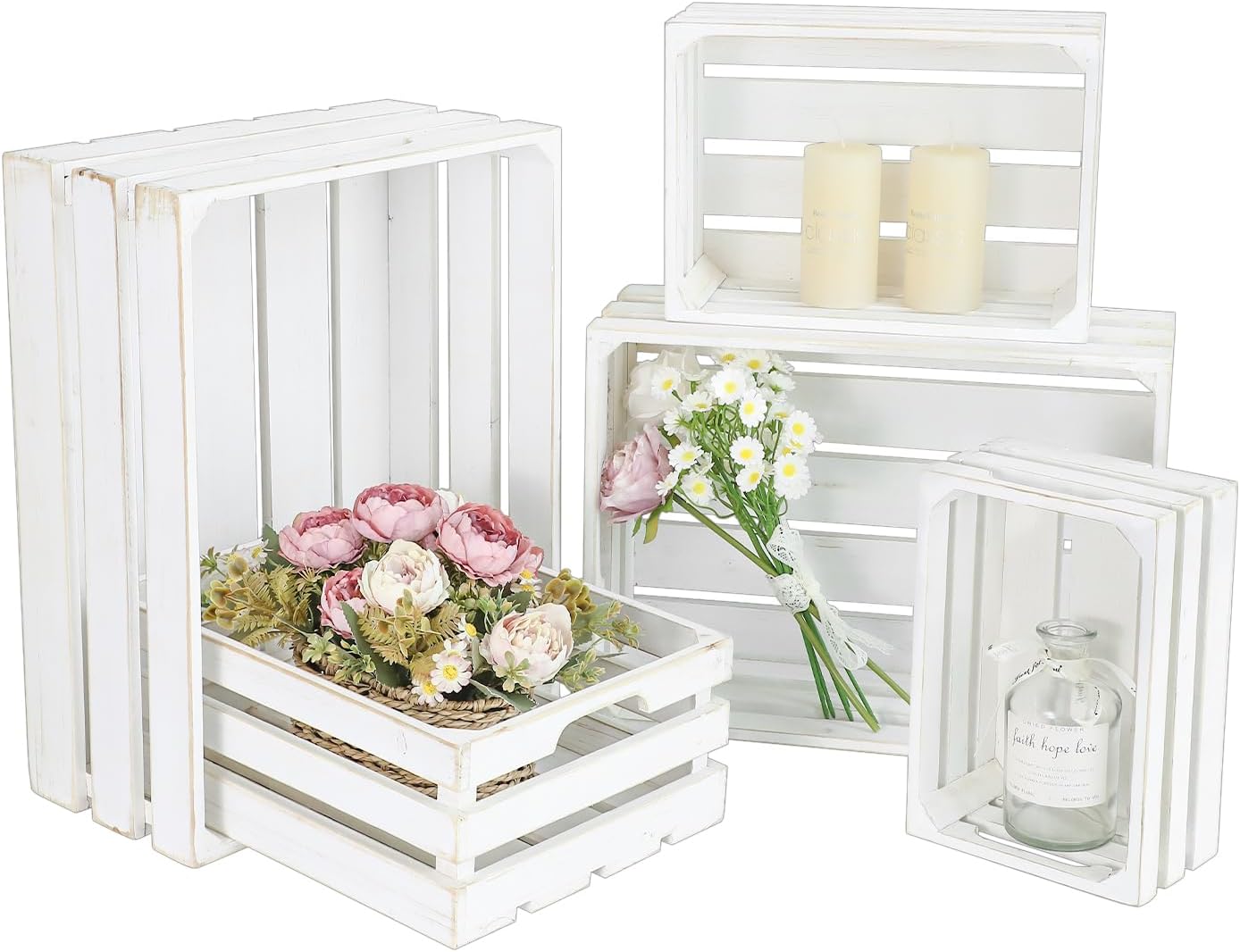 Large Wooden Crates, Set of 5 Wood Crates with Handles, Rustic Whitewashed Farmhouse Wooden Crate for Display, Wedding Birthday Home Party Living Room Kitchen Decoration