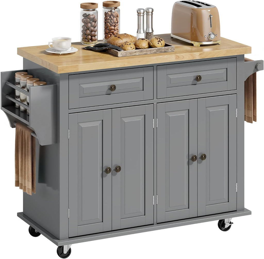 HOMCOM Kitchen Island Cart with Solid Wood Top 44" Mobile Gray | Kitchen Island Table, on Wheels, Storage Cabinets, 2 Drawers, Adjustable Shelves, Spice Rack & Towel Bar, for Dining Room