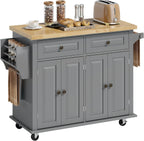 HOMCOM Kitchen Island Cart with Solid Wood Top 44" Mobile Gray | Kitchen Island Table, on Wheels, Storage Cabinets, 2 Drawers, Adjustable Shelves, Spice Rack & Towel Bar, for Dining Room
