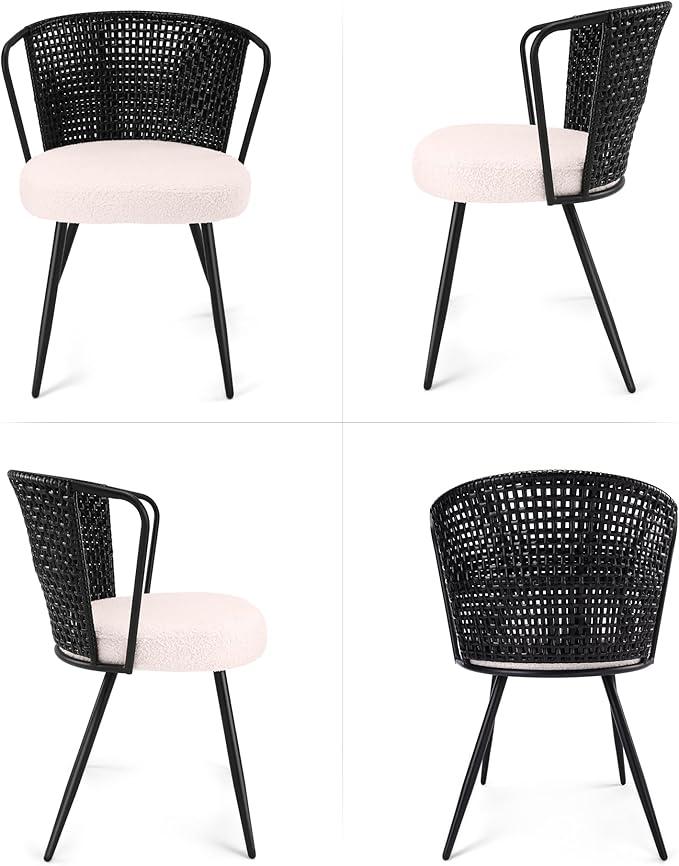 BedsPick Rattan Dining Chair Set of 4 - Farmhouse Upholstered Cane Back Kitchen Chair with Boucle Cushion, Wingback Dining Room Seat with Metal Legs for Home, Kitchen (Black)