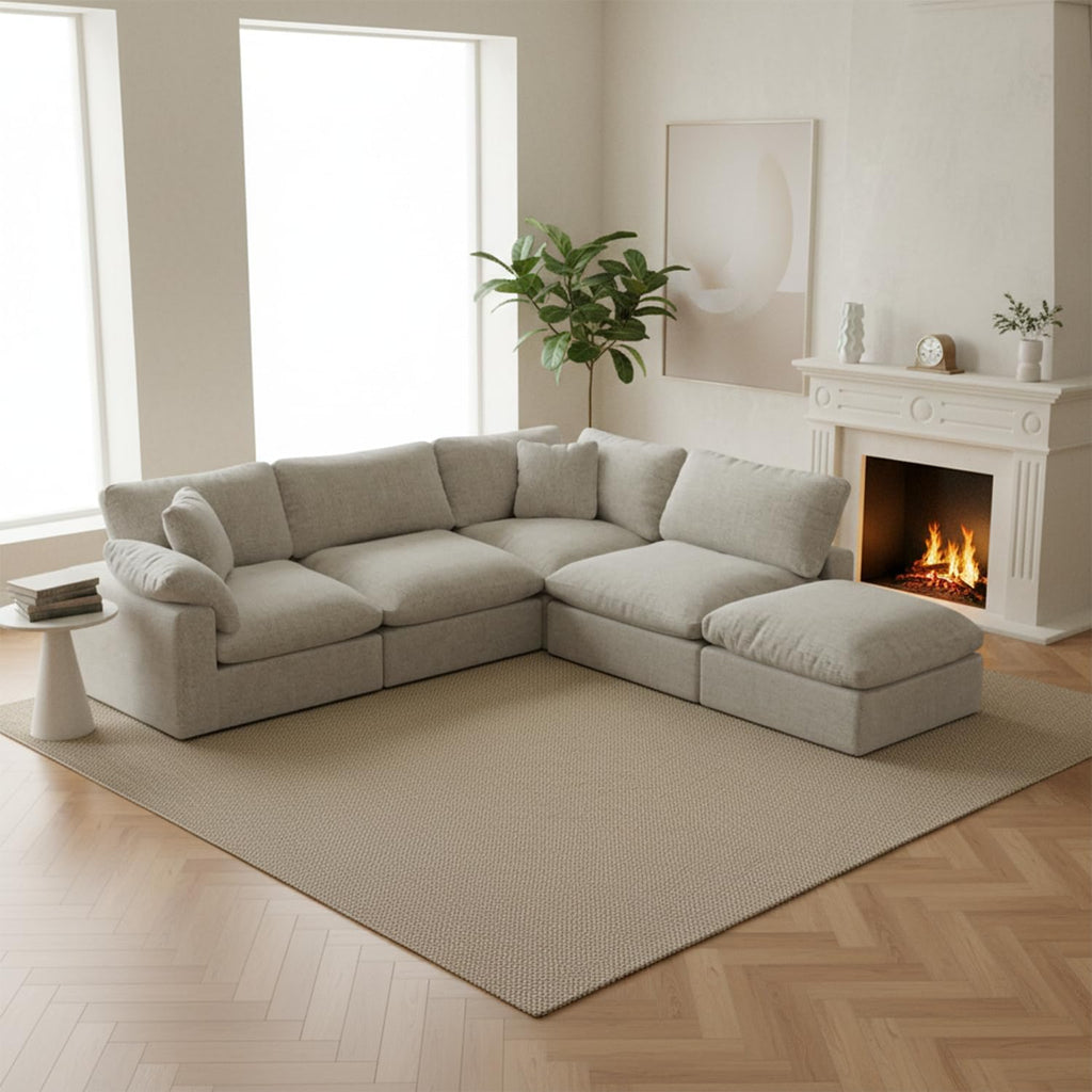 143" Cloud Modular Sectional Sofa,Light Beige Down Filled Sofa 4 Seat with Chaise,Minimalist Sofa Cover Washable and Replaceable Couches for Living Room,Sectional Sofa Deep Seat